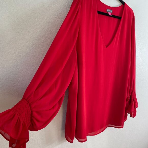 Vince Camuto Womens Plus 3X Red V Neck Chiffon Blouse Long Sleeve Shirt Top - Picture 11 of 11